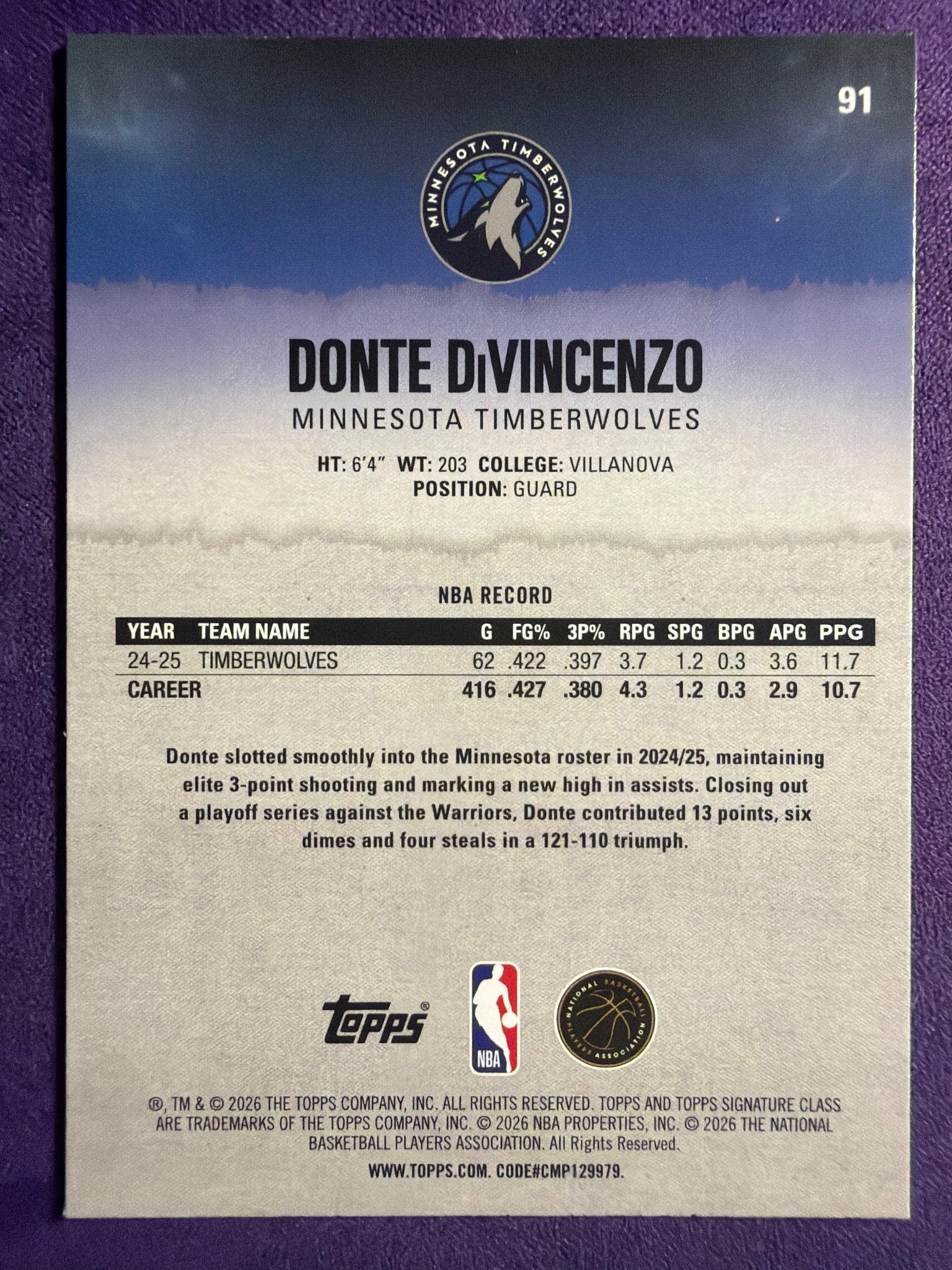 2025-26 Topps Signature Class Donte DiVincenzo Blue & Orange Parallel #91