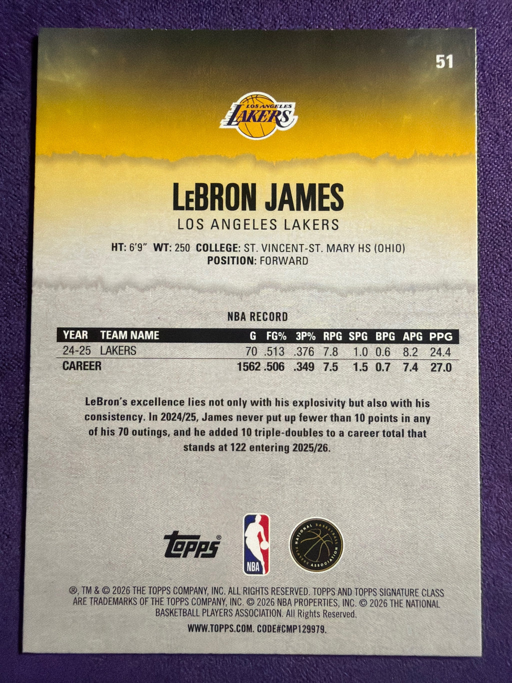 2025-26 Topps Signature Class LeBron James Blue & Orange Parallel #51