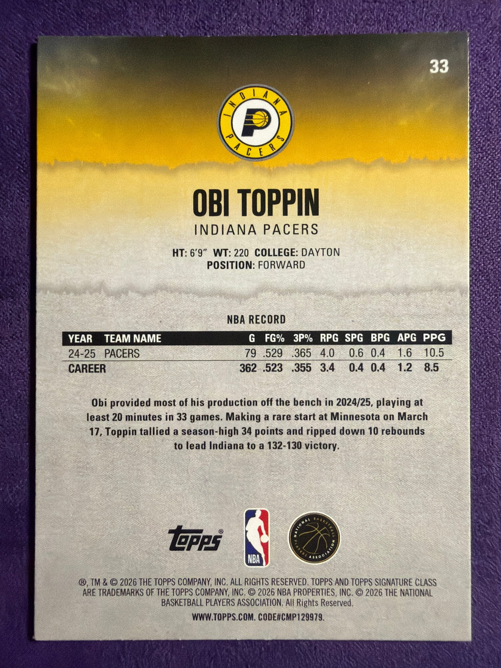 2025-26 Topps Signature Class Obi Toppin Blue & Orange Parallel #33