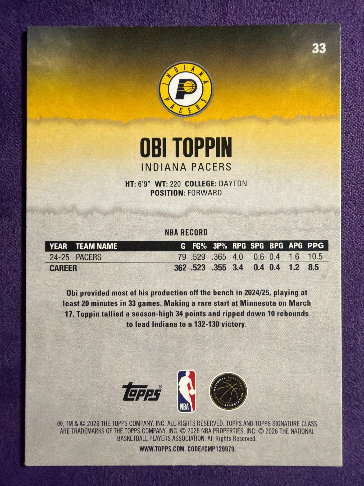2025-26 Topps Signature Class Obi Toppin Blue & Orange Parallel #33