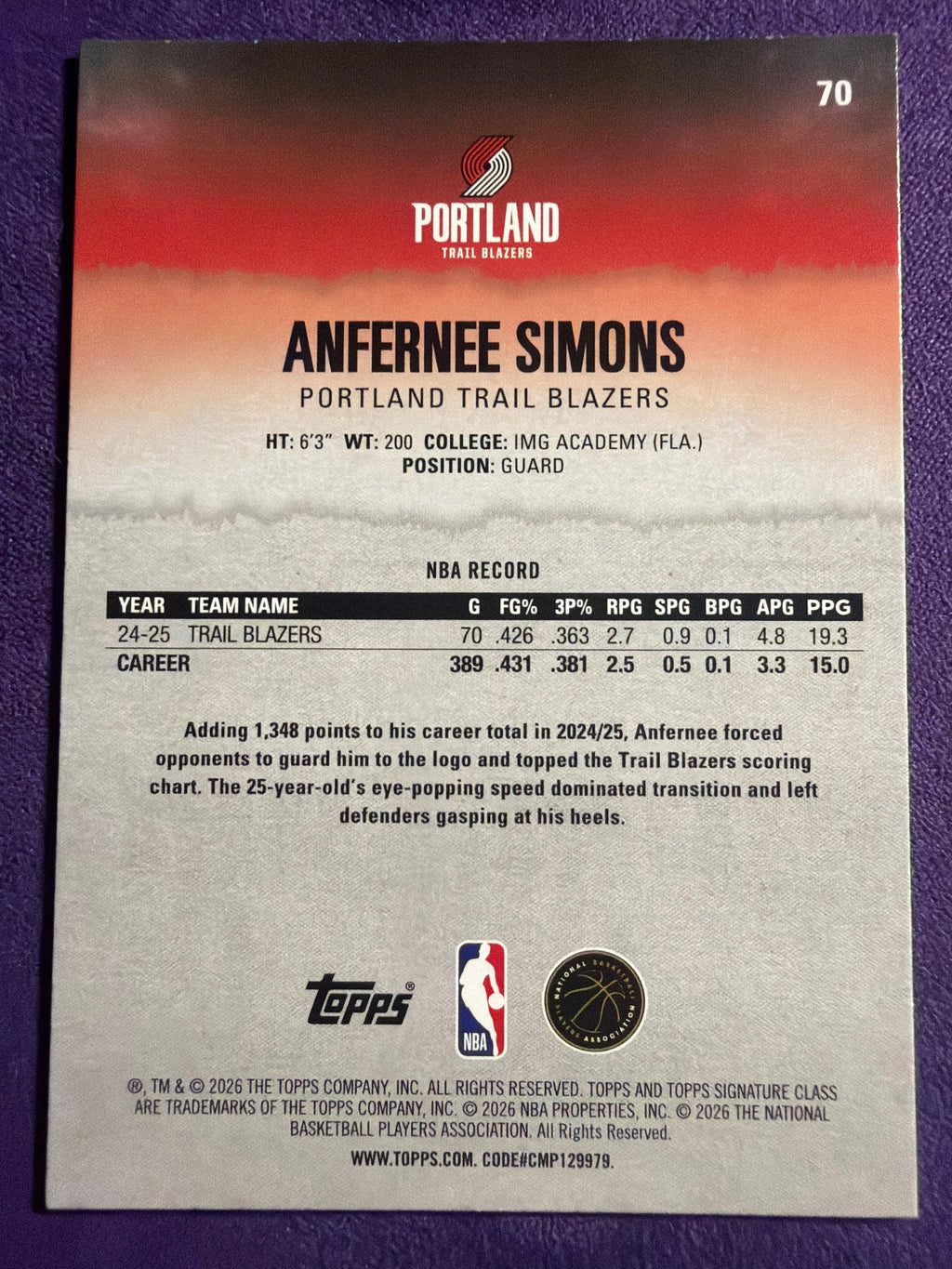 2025-26 Topps Signature Class Anfernee Simons Blue & Orange Parallel #70