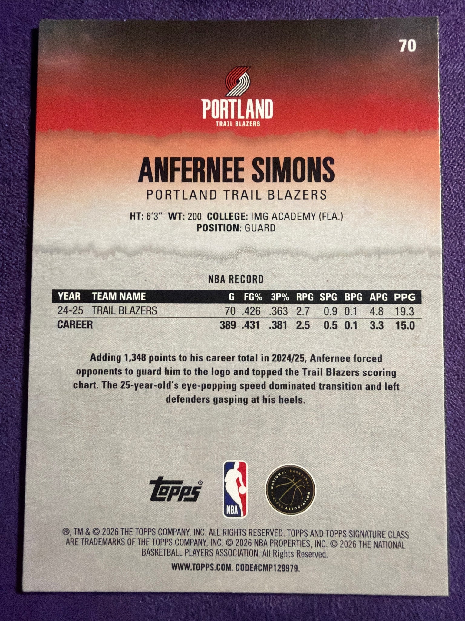 2025-26 Topps Signature Class Anfernee Simons Blue & Orange Parallel #70