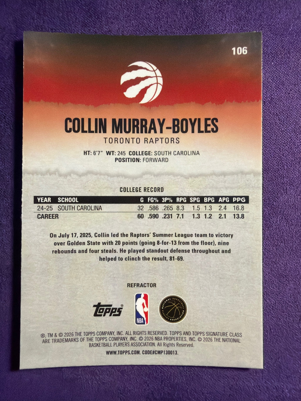 2025-26 Topps Signature Class Collin Murray-Boyles RC Chrome Refractors #106