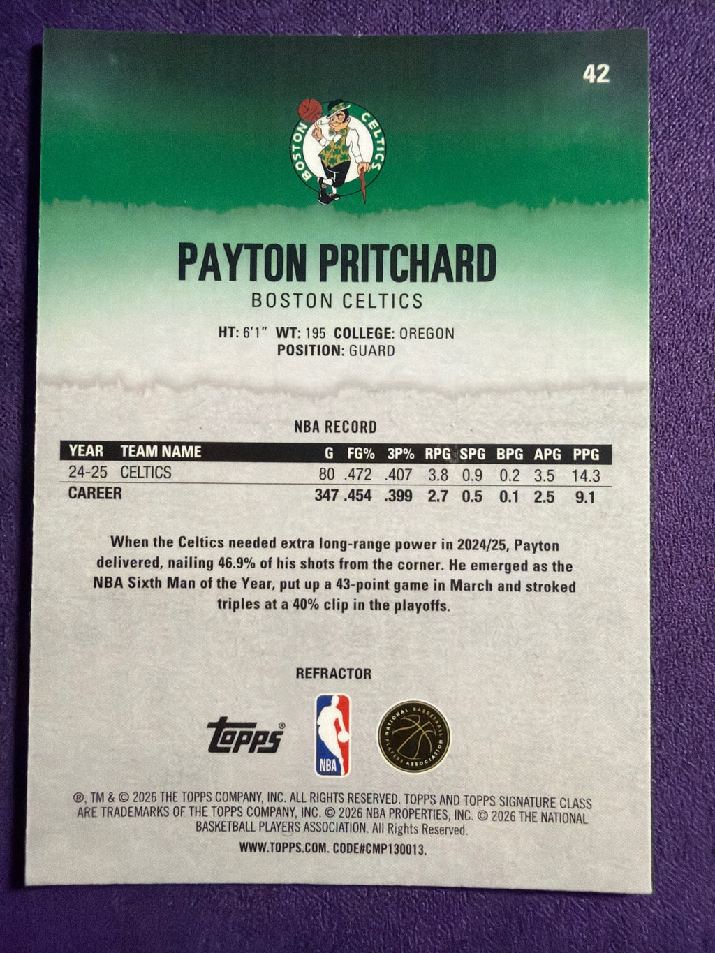 2025-26 Topps Signature Class Payton Pritchard Chrome Refractors #42