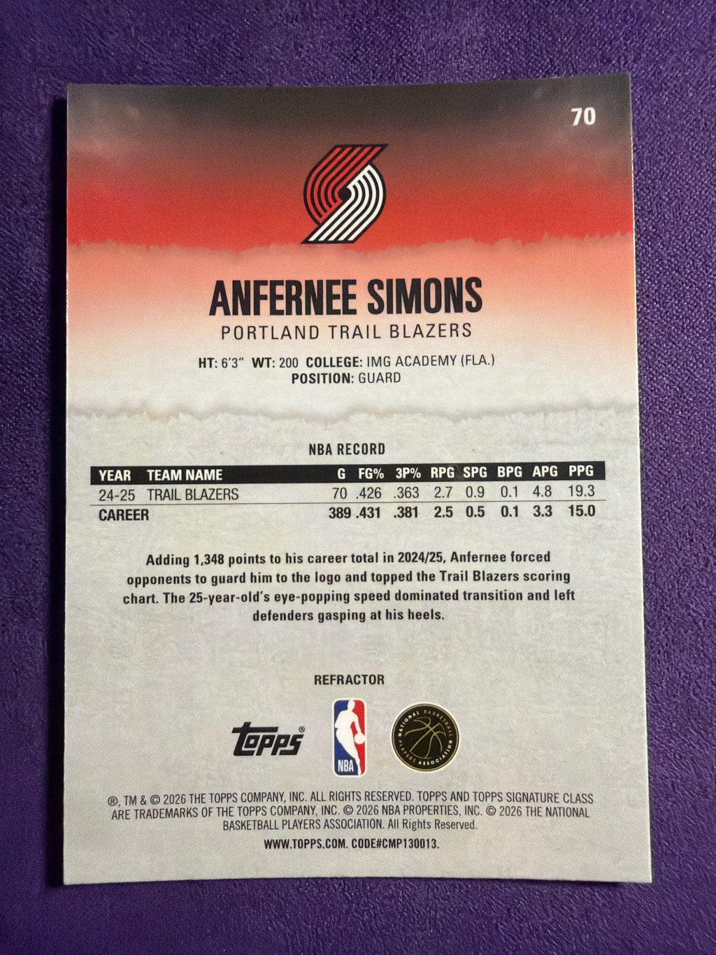 2025-26 Topps Signature Class Anfernee Simons Chrome Refractors #70