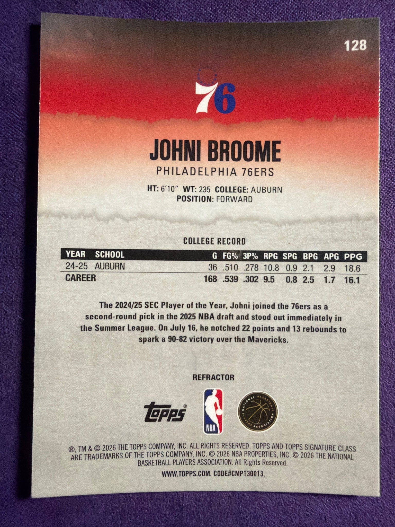 2025-26 Topps Signature Class Johni Broome RC Chrome Refractors #128