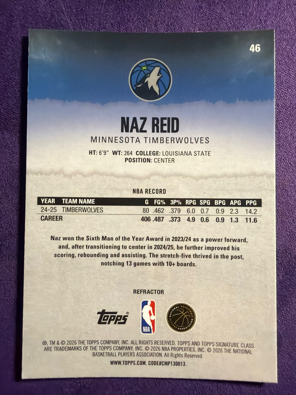 2025-26 Topps Signature Class Naz Reid Chrome Refractors #46