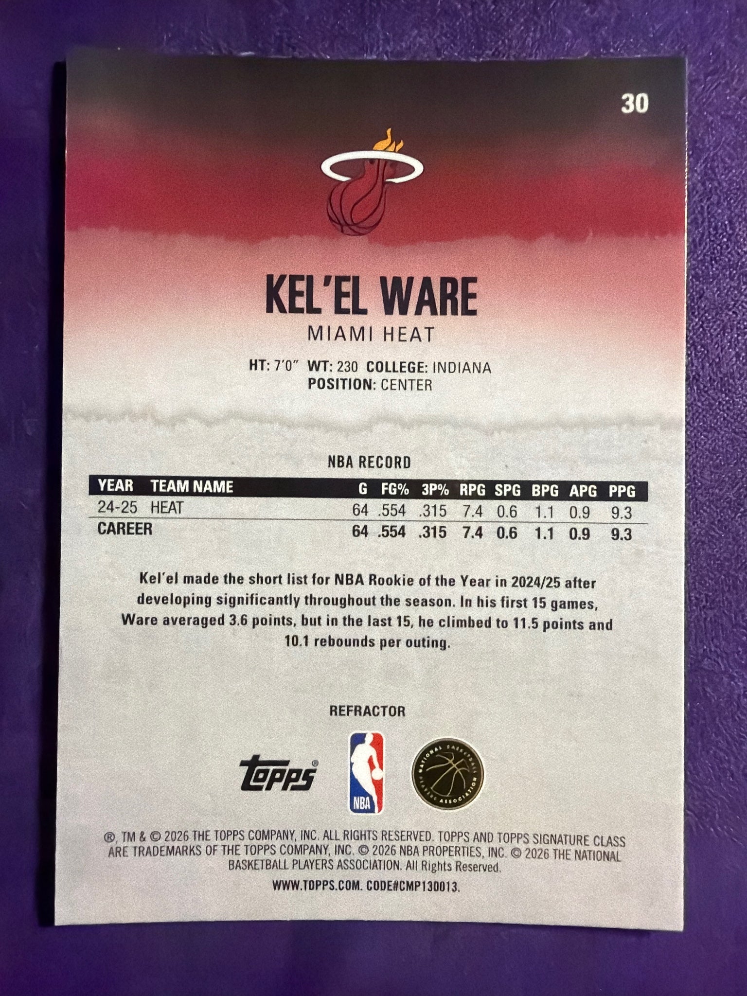 2025-26 Topps Signature Class Kel'el Ware RC Chrome Refractors #30