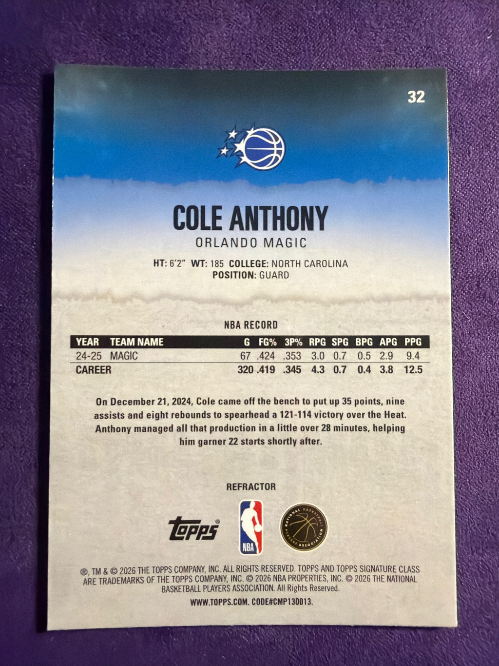 2025-26 Topps Signature Class Cole Anthony Chrome Refractors #32