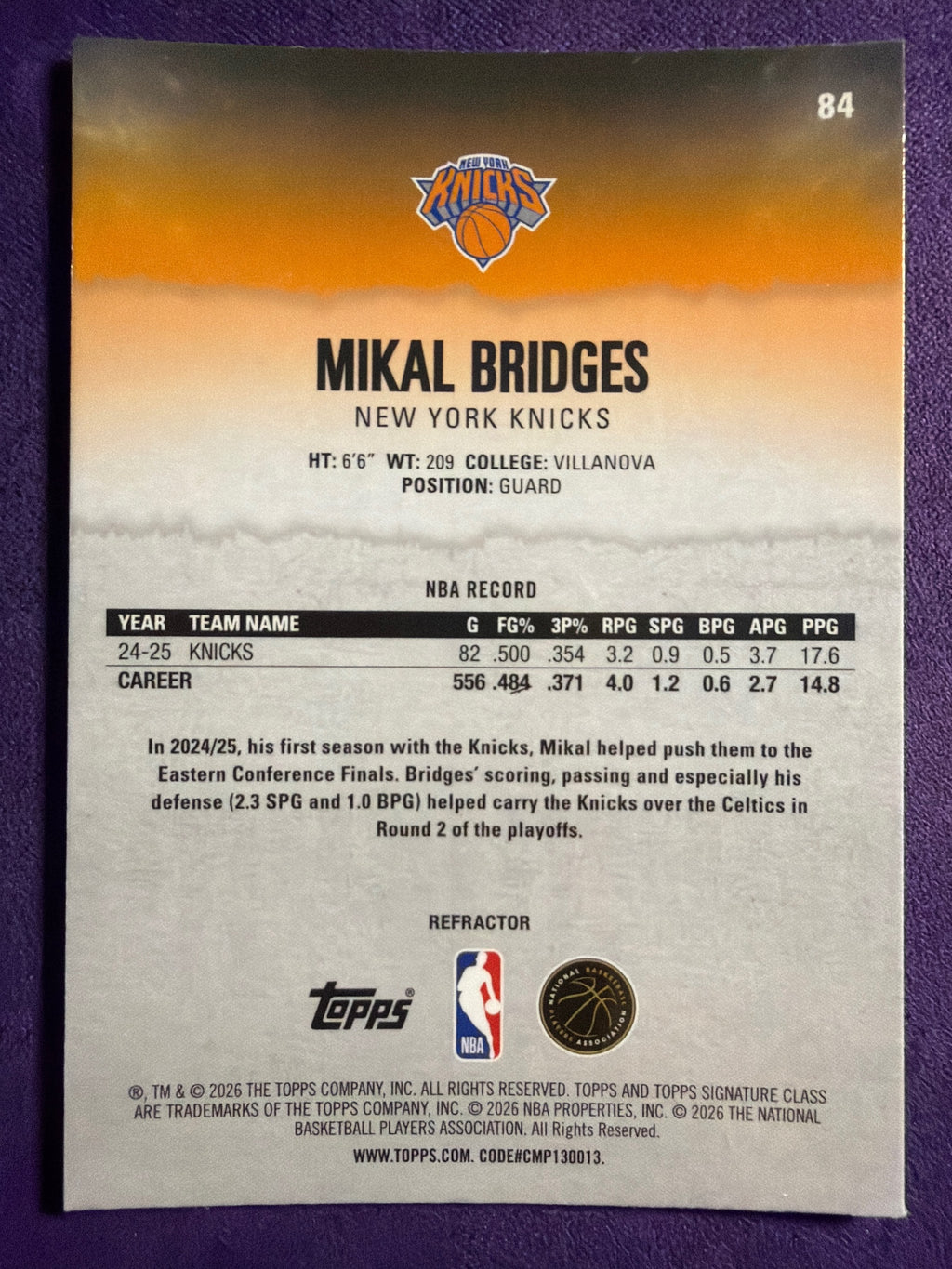 2025-26 Topps Signature Class Mikal Bridges Chrome Refractors #84
