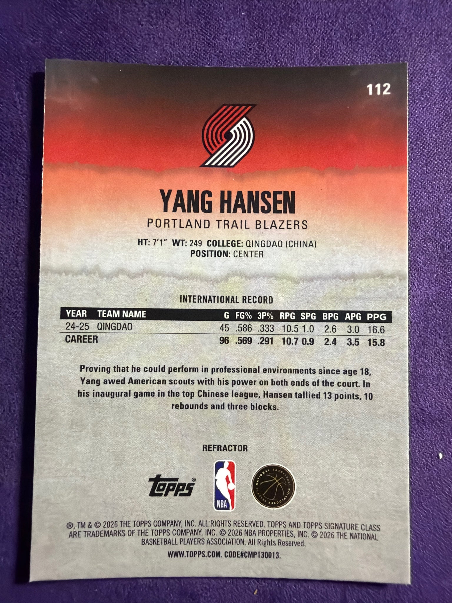 2025-26 Topps Signature Class Yang Hansen RC Chrome Refractors #112
