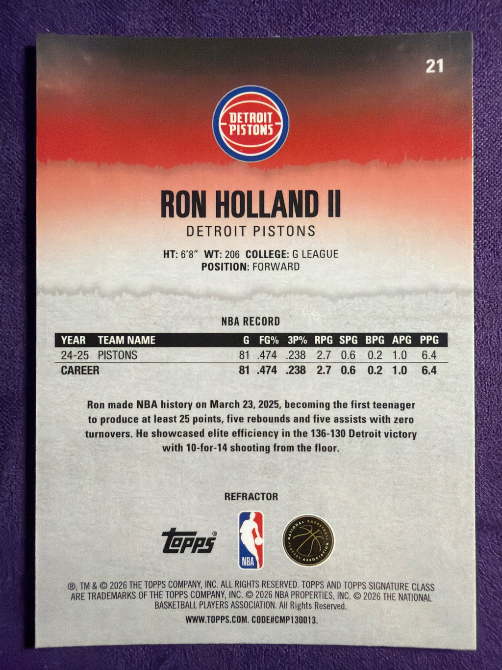 2025-26 Topps Signature Class Ron Holland II RC Chrome Refractors #21