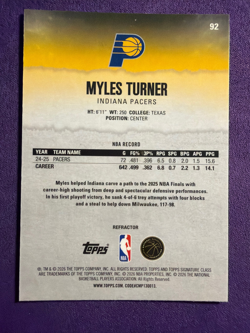 2025-26 Topps Signature Class Myles Turner Chrome Refractors #92