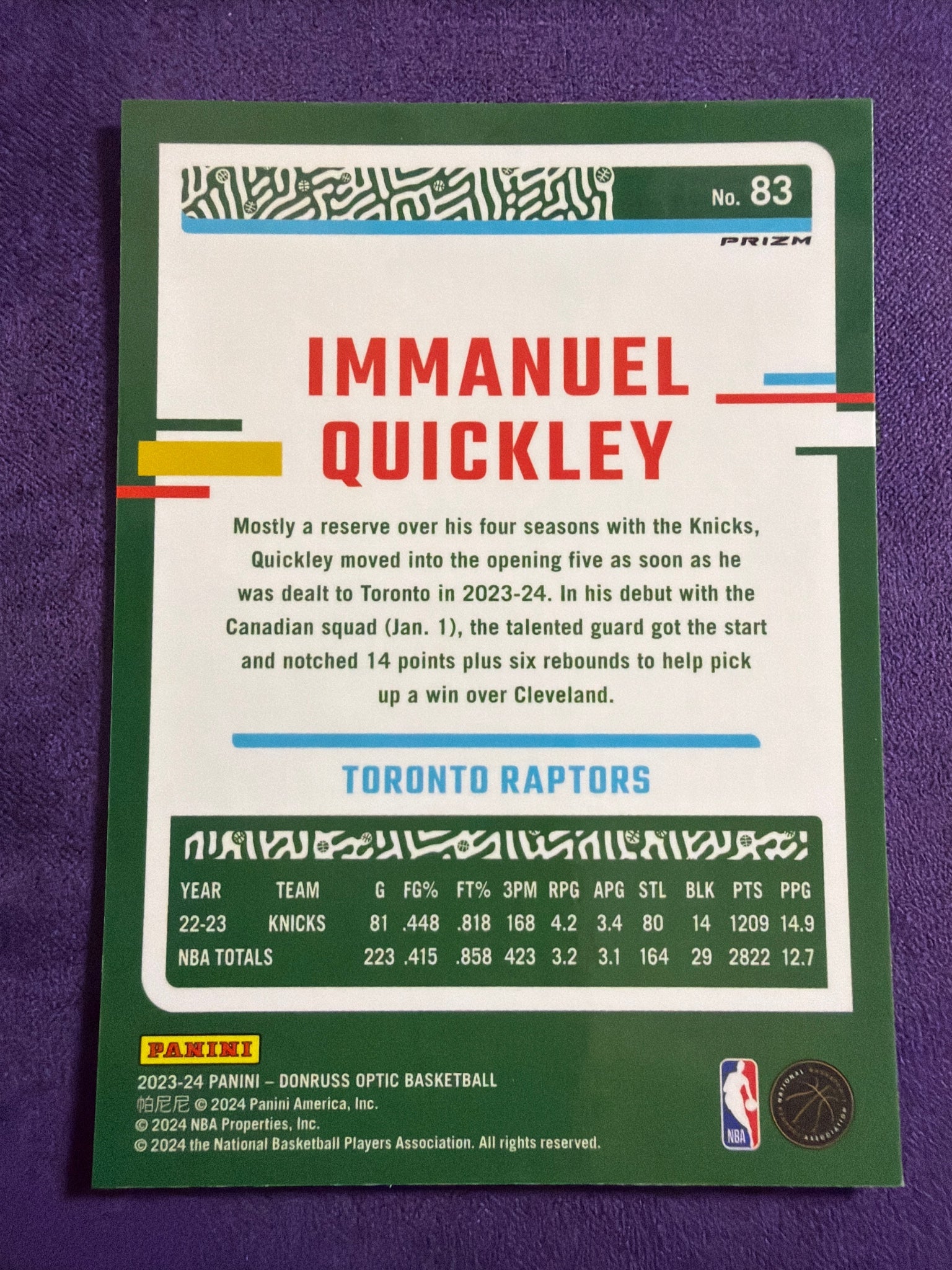 2023-24 Donruss Optic Immanuel Quickley Purple Parallel #83